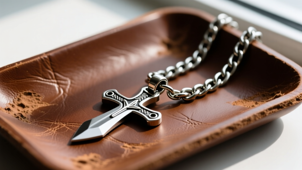 A 4mm steel Cuban curb chain threaded through the bail of a tactical dagger cross pendant, resting on a worn brown leather tray.
