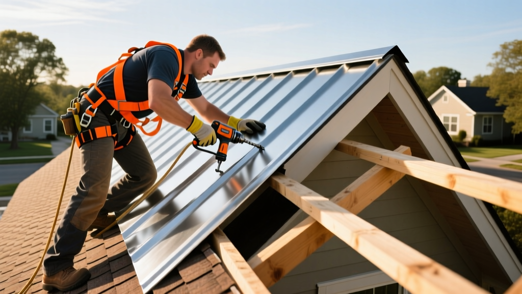 Roofing contractor in safety harness installing interlocking standing seam metal roofing panels on a steep residential roof