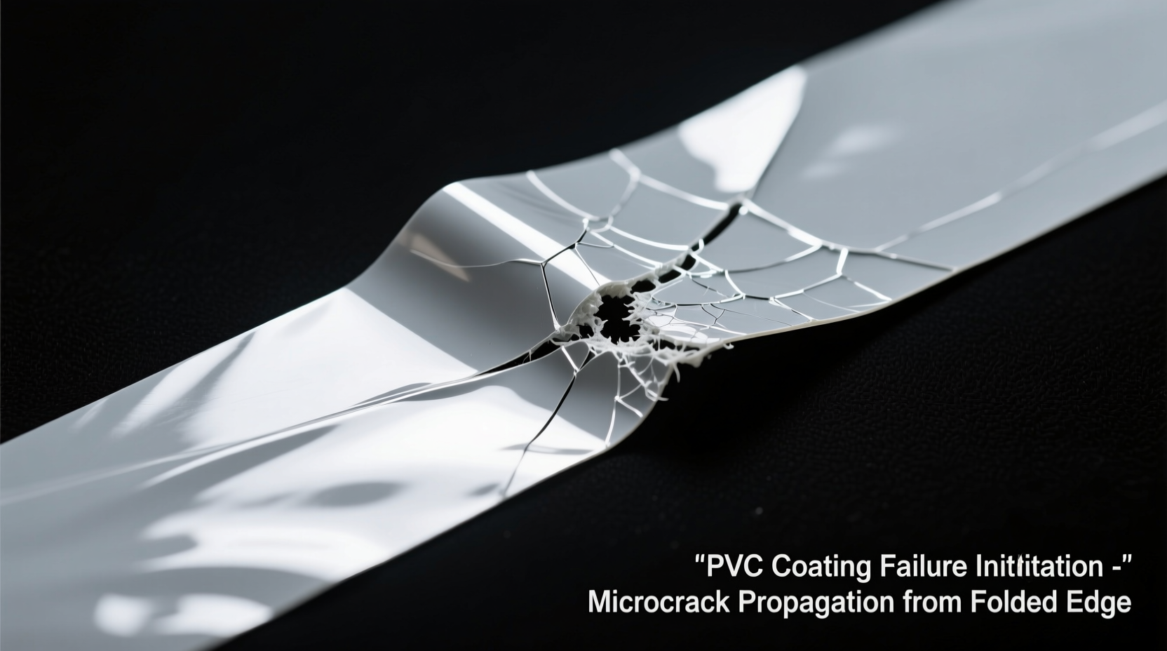 Close-up macro photograph showing intact PVC-coated reflective tape next to identical tape with fine white microcracks radiating from a folded edge—demonstrating how mechanical stress initiates coating failure