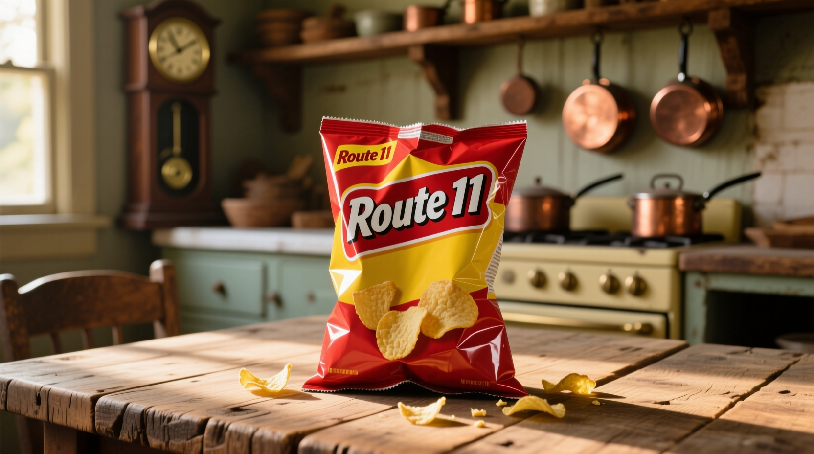 Route 11 Potato Chips bag on wooden table