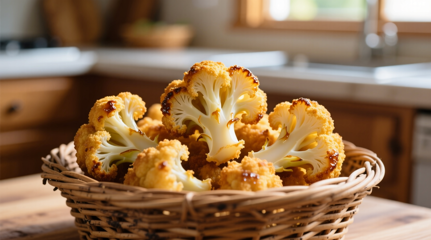 Golden air fried cauliflower florets in basket