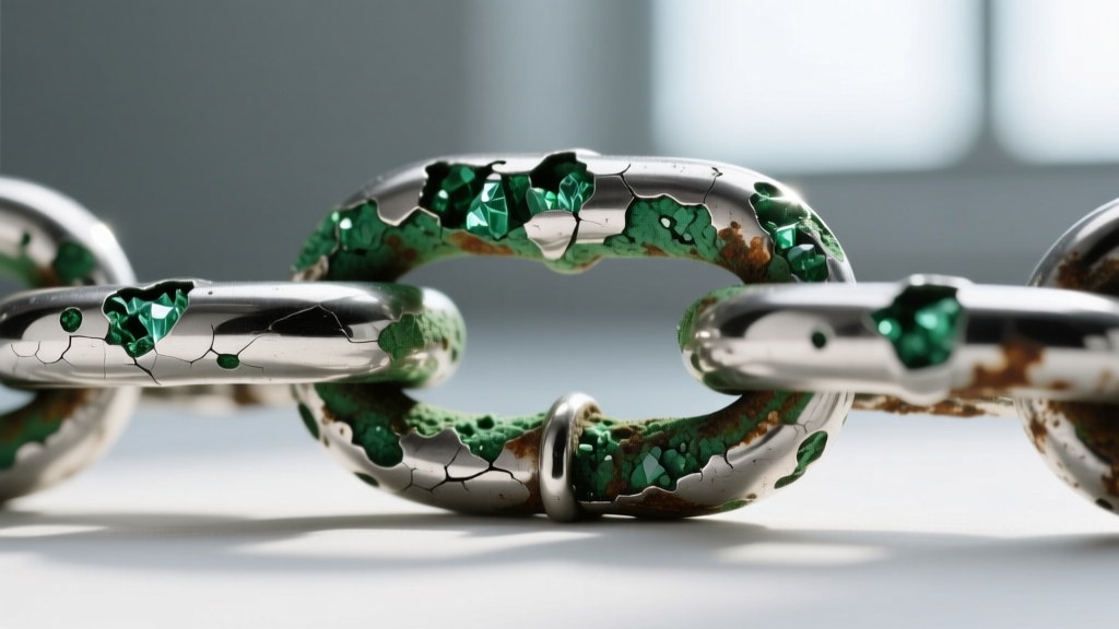 Macro photography of a corroded sterling silver chain link showing green oxidation and pitting caused by acidic sweat exposure