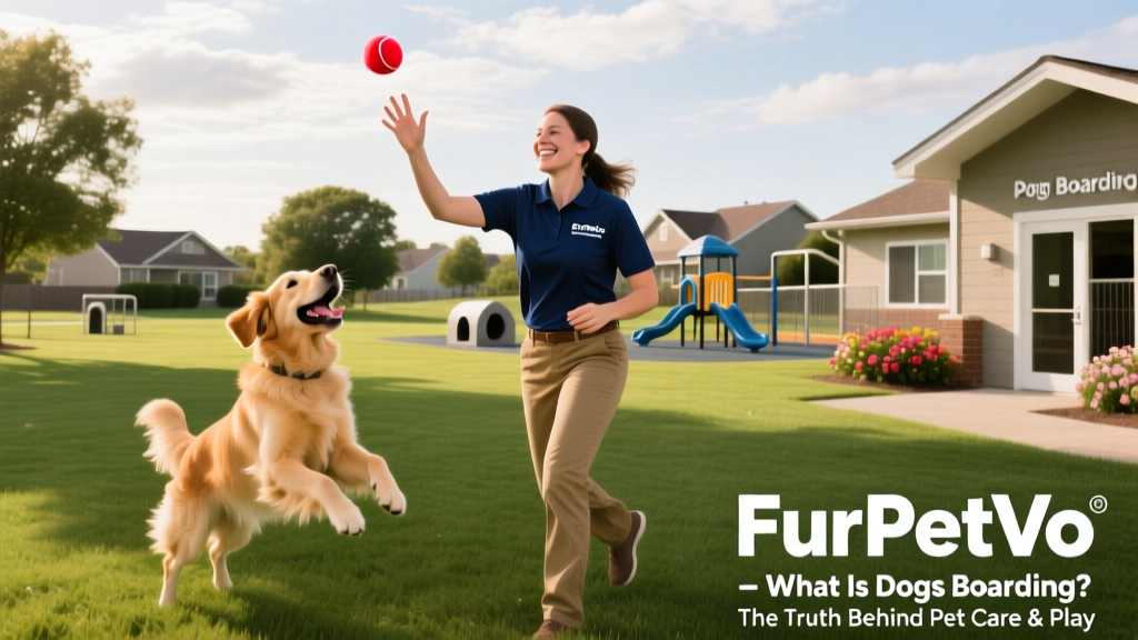 A caregiver playing fetch with a joyful dog in a spacious, grassy outdoor play area at a FurPetVo boarding facility