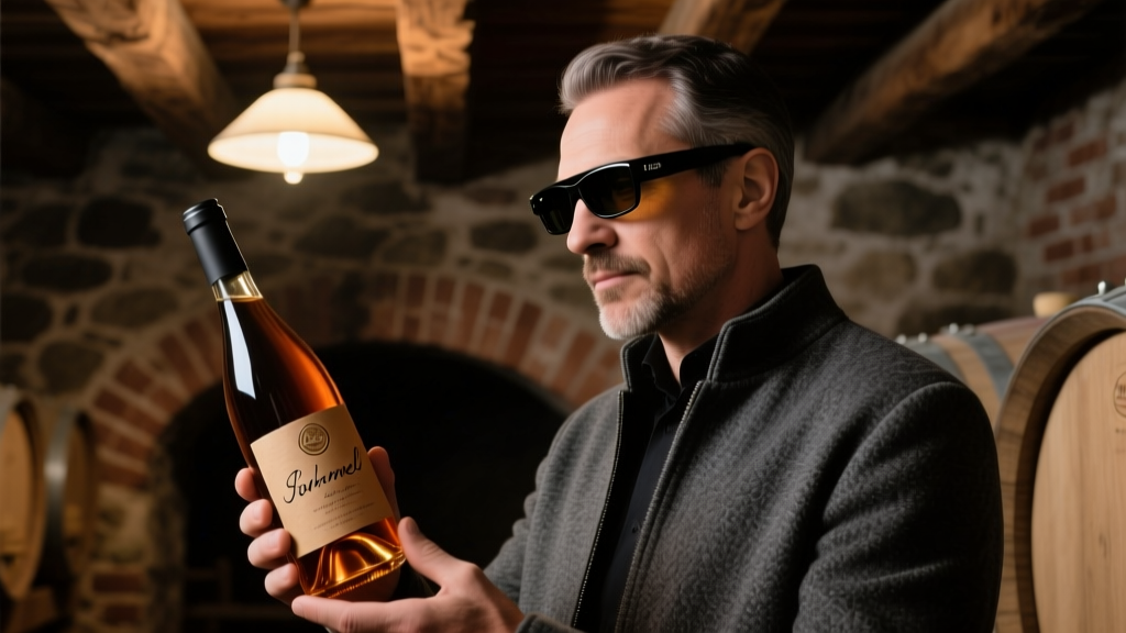 Sommelier wearing sleek black AR smart glasses scanning a natural wine bottle label in a dimly lit rustic cellar