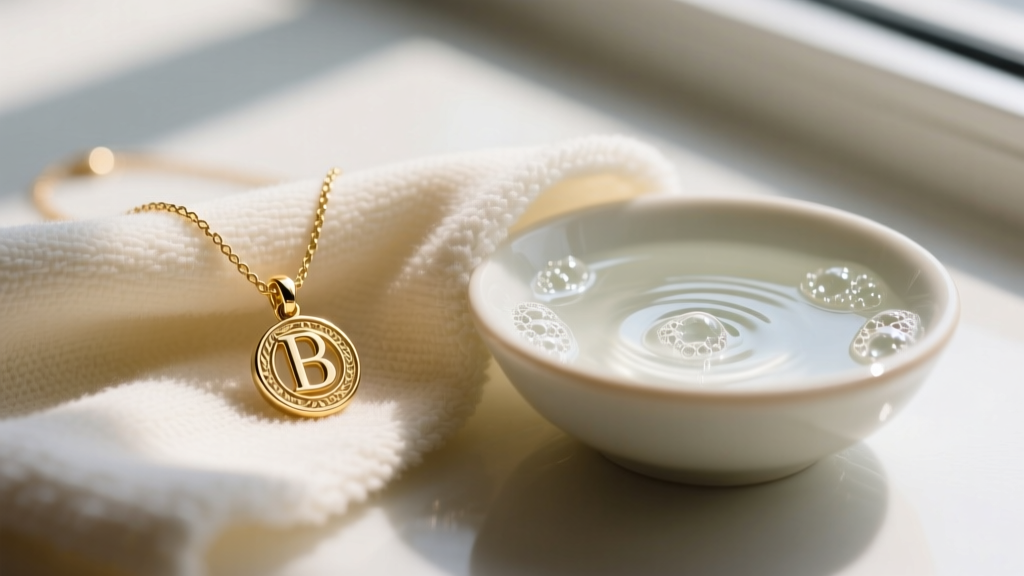 A gentle microfiber cloth wiping a delicate gold-plated initial charm necklace, with a small bowl of mild soapy water nearby.