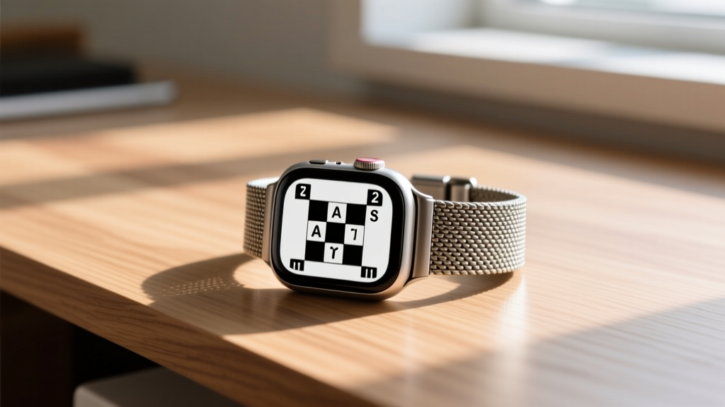 Close-up of an Apple Watch Ultra 2 displaying a daily crossword puzzle face, paired with a woven titanium mesh band on a wooden desk.
