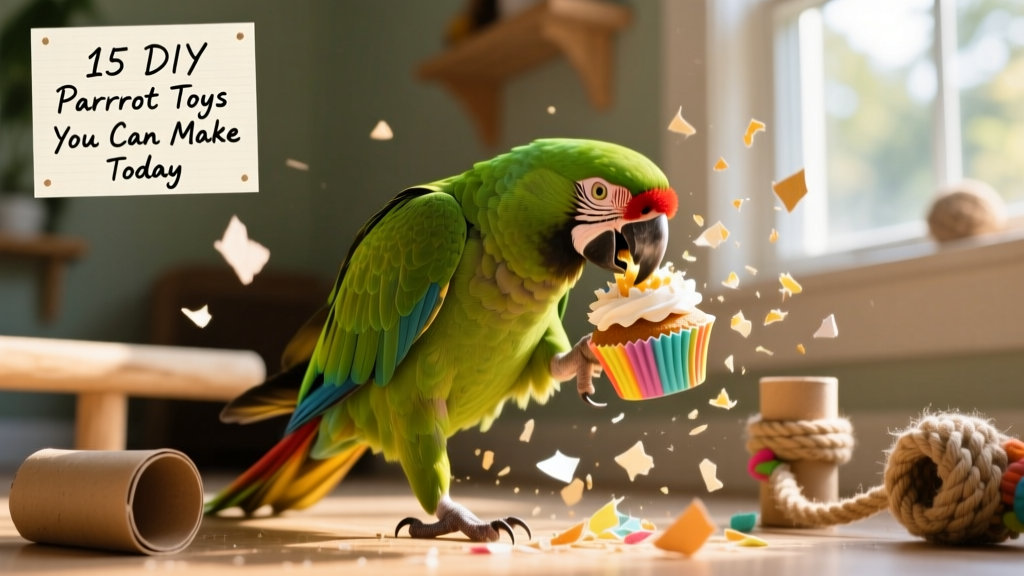 Close-up of a parrot actively shredding a cupcake liner toy, with colorful paper fragments scattered around its feet