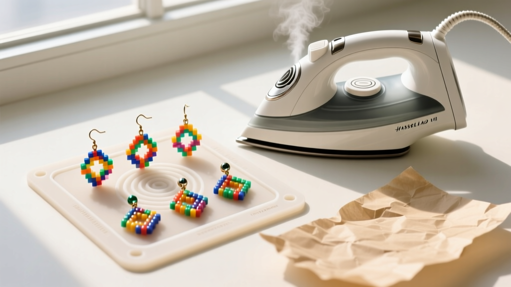 Top-down view of colorful perler bead earrings resting on a heat-resistant mat next to a household iron and parchment paper