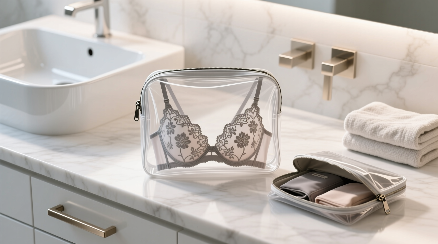 clear zippered pouches vs drawstring bags for lace lingerie