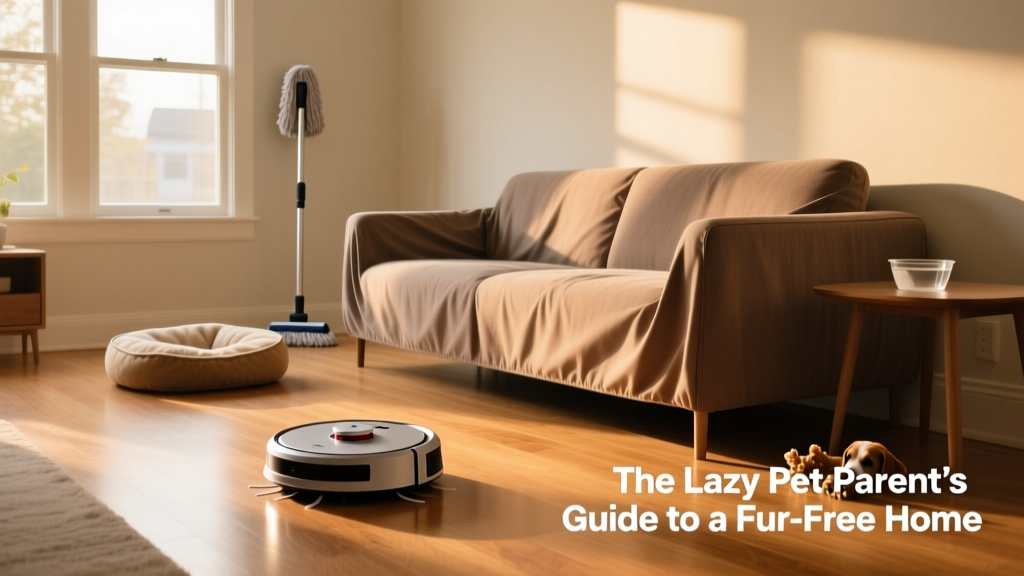 A tidy living room with a robot vacuum gliding across hardwood floor, a microfiber mop leaning nearby, and a stylish couch covered with a washable, pet-safe fabric cover