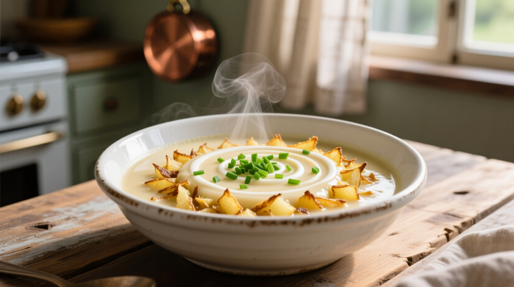 Creamy hashbrown potato soup in white bowl with chives