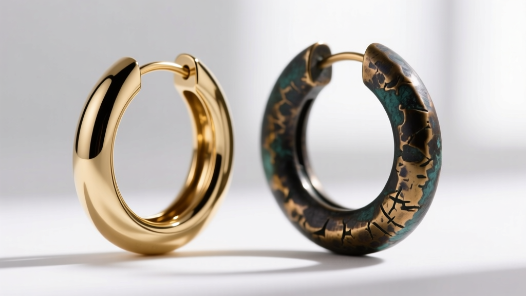 Macro shot comparing a polished bright brass hoop earring next to an oxidized dark antique brass hoop with visible hammer marks