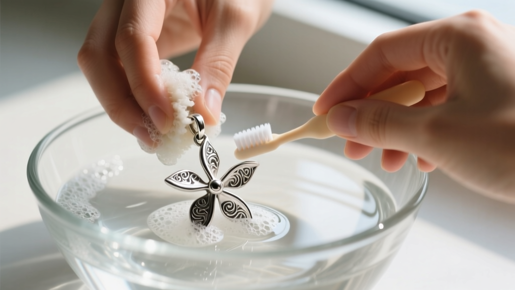 Hands scrubbing a sterling silver propeller pendant crevices with a baby toothbrush and soapy water inside a clear glass bowl.