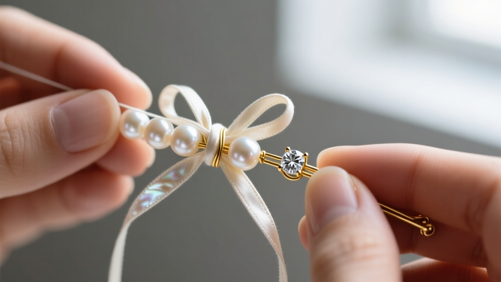 Macro shot of pearl restringing, showing tight hand-tied silk knots between gems and protective gold wire near a diamond clasp.