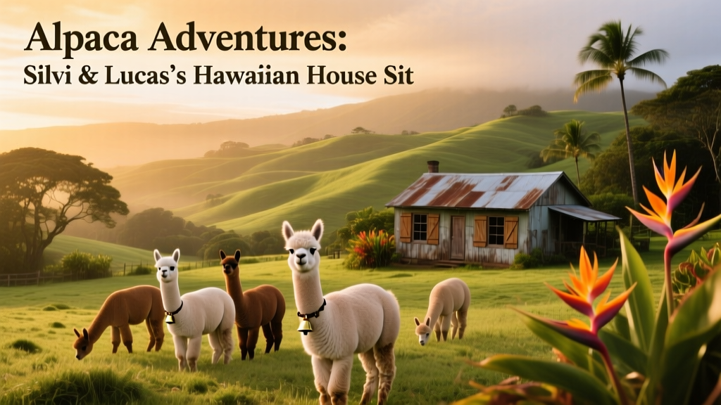 A wide shot of Christine's Hawaiian ranch—rolling green hills, alpacas grazing, and a rustic farmhouse in the distance