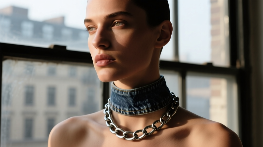 Model wearing a 16-inch denim choker layered with a 20-inch oxidized silver chain, shot in moody natural window light.