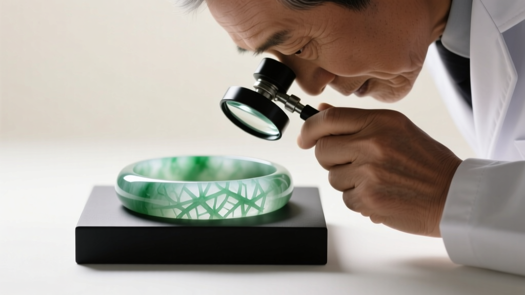 A gemologist using a loupe to examine the fibrous crystalline structure of a pale green Hetian nephrite jade bangle in soft studio light