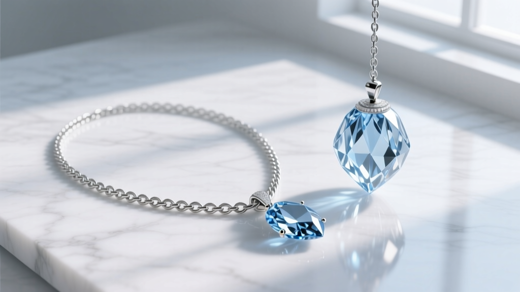 Flat lay of a layered set with a delicate 14-inch cable chain and an 18-inch chandelier crystal pendant resting on white marble.