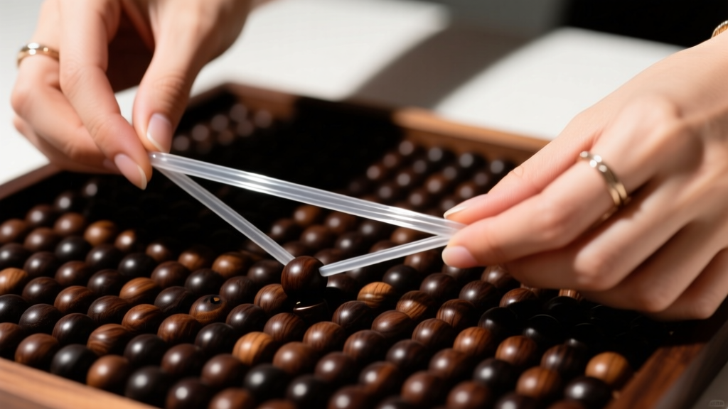 Hands stretching a clear polyurethane elastic cord tightly before threading, showing tension against a dark wooden bead mat.