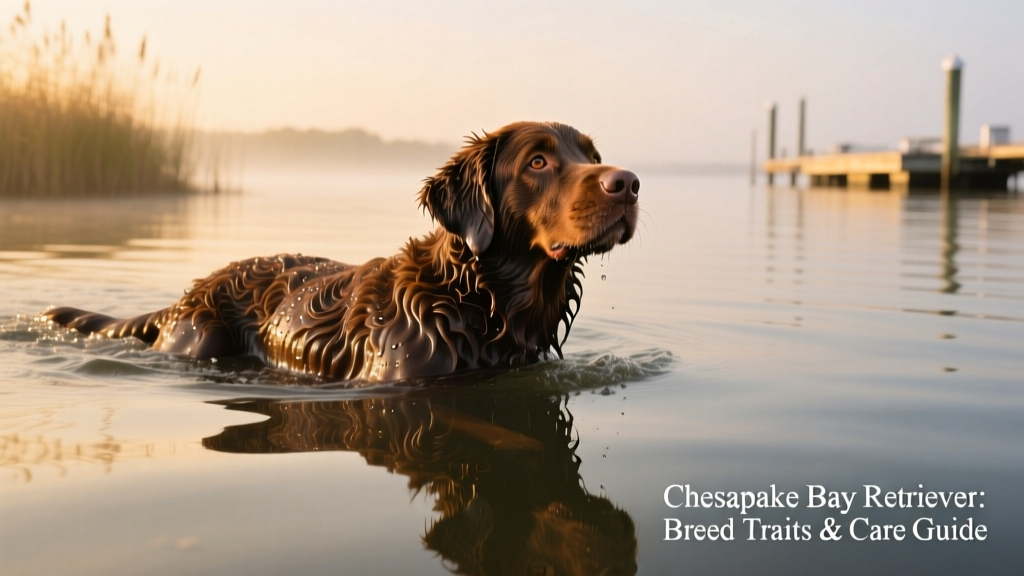A Chesapeake Bay Retriever swimming confidently through calm water, head held high, coat glistening