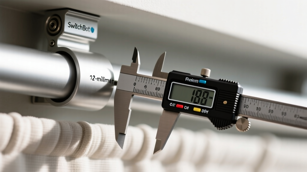 Close-up of SwitchBot Curtain Rod 2 mounted on aluminum blind track with digital caliper measuring the 12-millimeter gap