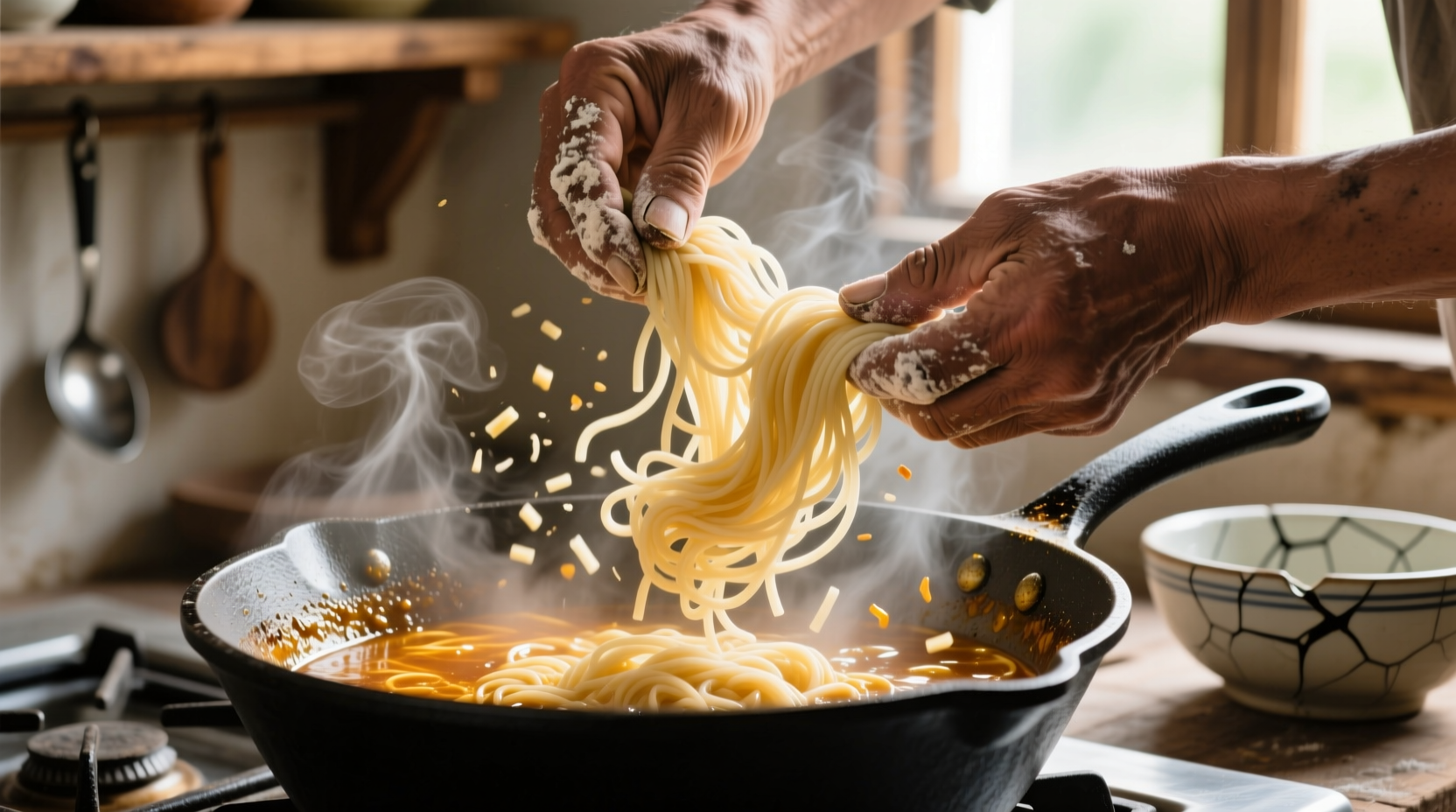 Hands breaking fideo noodles over saucepan
