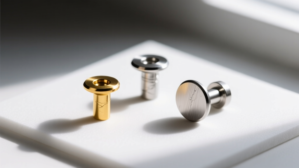 Close-up of three 6mm stud posts showing varying thicknesses, 20 gauge gold, 18 gauge silver, and 16 gauge titanium on a white pad
