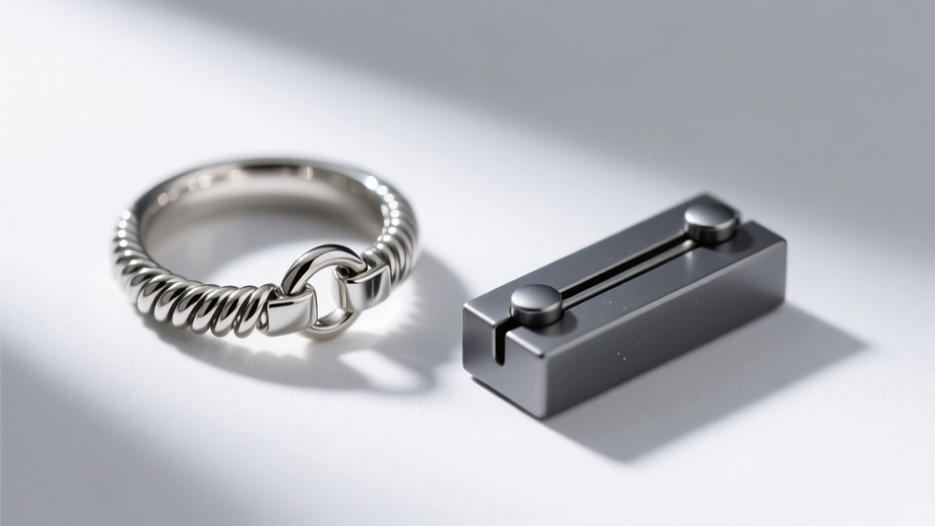 Close-up of a standard jewelry spring ring clasp and a modern neodymium magnetic clasp in sharp focus on a clean white surface