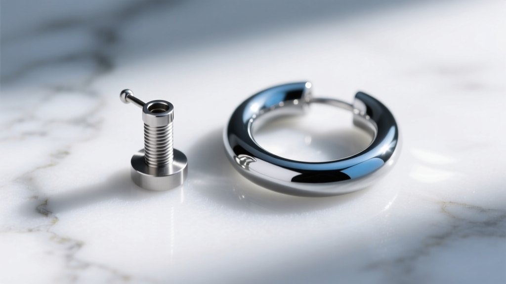 Macro shot of an ASTM F136 implant-grade titanium earring post next to a polished niobium huggie hoop on a white marble surface