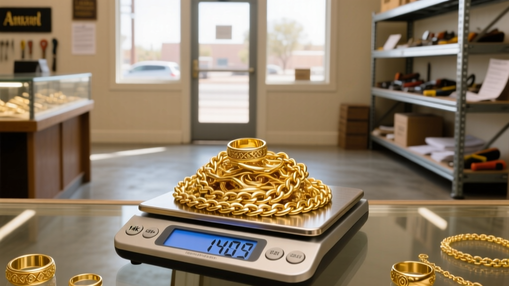 Close-up of a digital jewelry scale weighing a pile of 14k yellow gold chains and rings in a well-lit Amarillo pawn shop setting.