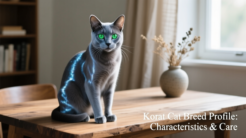 A purebred Korat cat sitting gracefully on a wooden table indoors, gazing directly at the camera with vivid green eyes and gleaming silver-tipped blue-gray fur