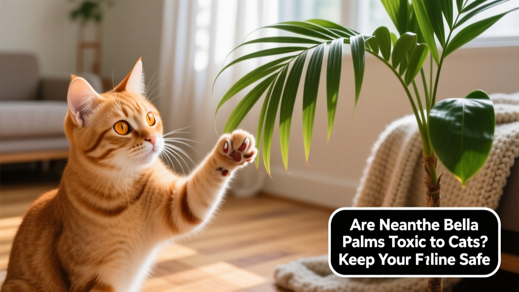 Close-up of a cat gently pawing at the fronds of a Neanthe Bella palm