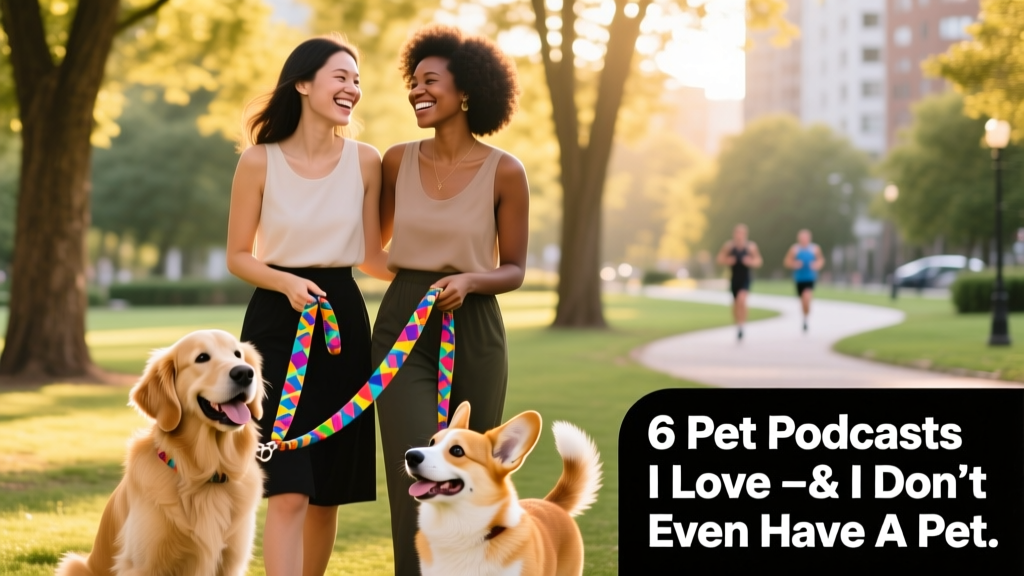 Two women smiling and holding leashes while standing beside friendly dogs in a sunny park