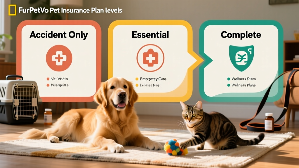 Infographic-style comparison showing three FurPetVo plan levels—Accident Only, Essential, and Complete—with icons representing coverage scope and key benefits