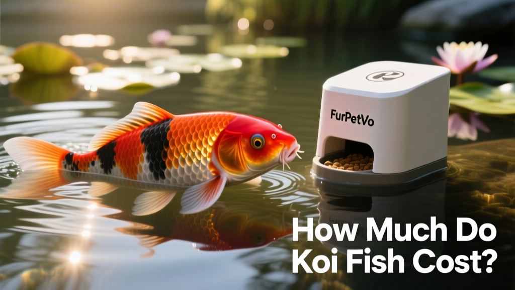 Close-up of a vibrant koi fish with shimmering scales, swimming near a submerged FurPetVo branded feeding station