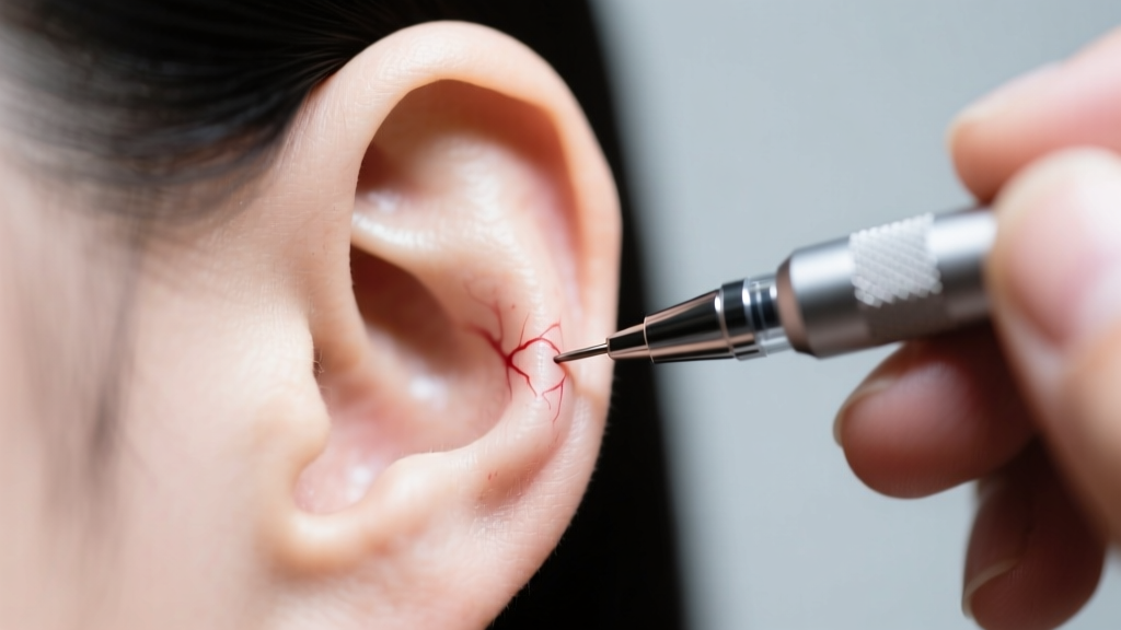 Close-up of a professional piercer marking a standard earring lobe with a surgical pen under bright studio lighting