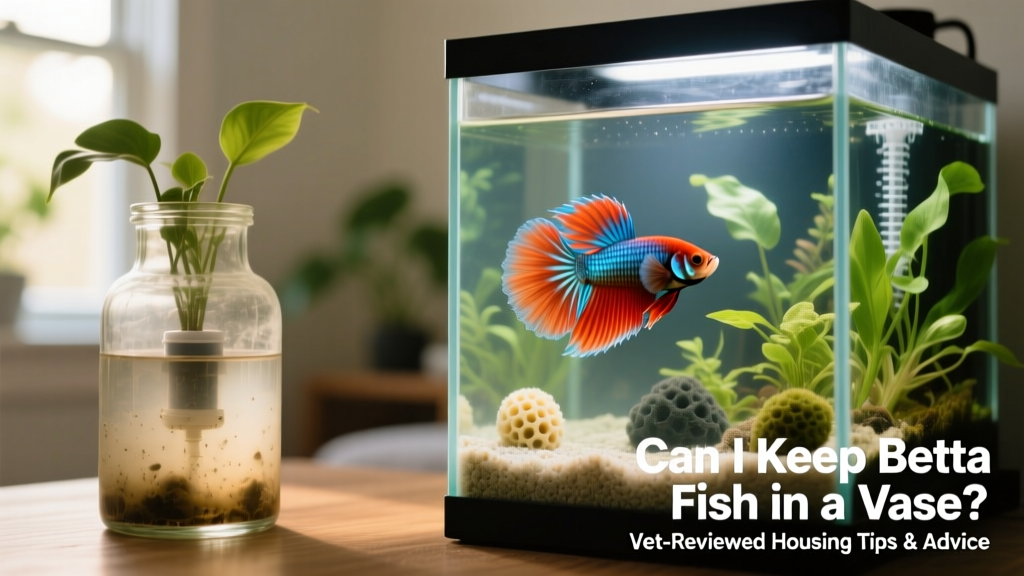 Side-by-side comparison: a betta in a cramped, unfiltered vase versus a healthy betta in a properly equipped 5-gallon tank with plants and gentle filtration