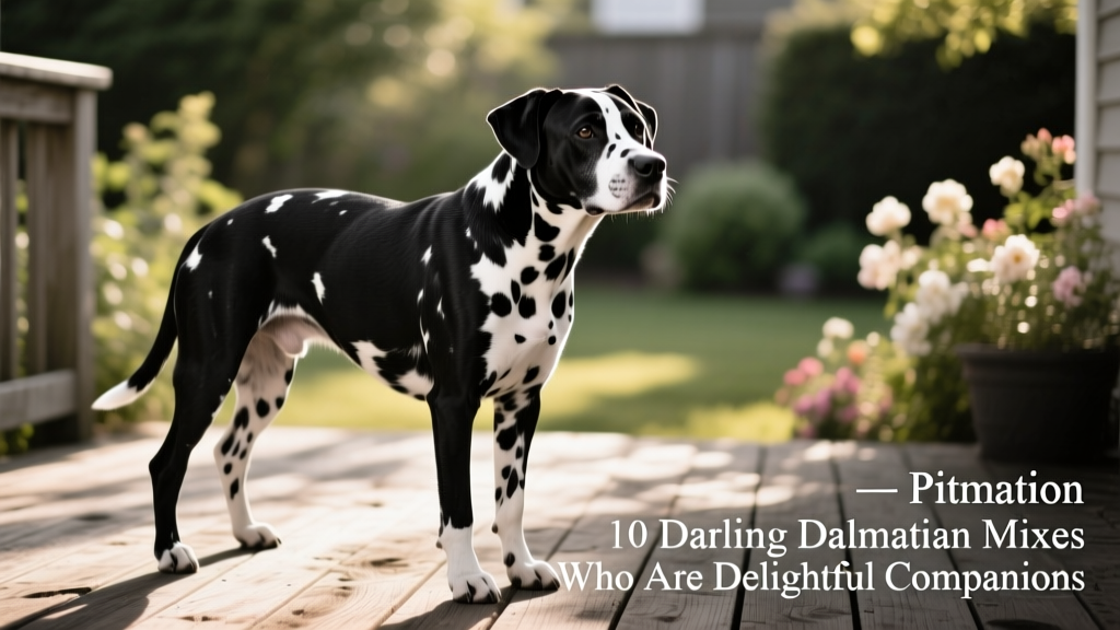 Black and white Pitmation (Pitbull Dalmation mix) with some spots standing on his deck
