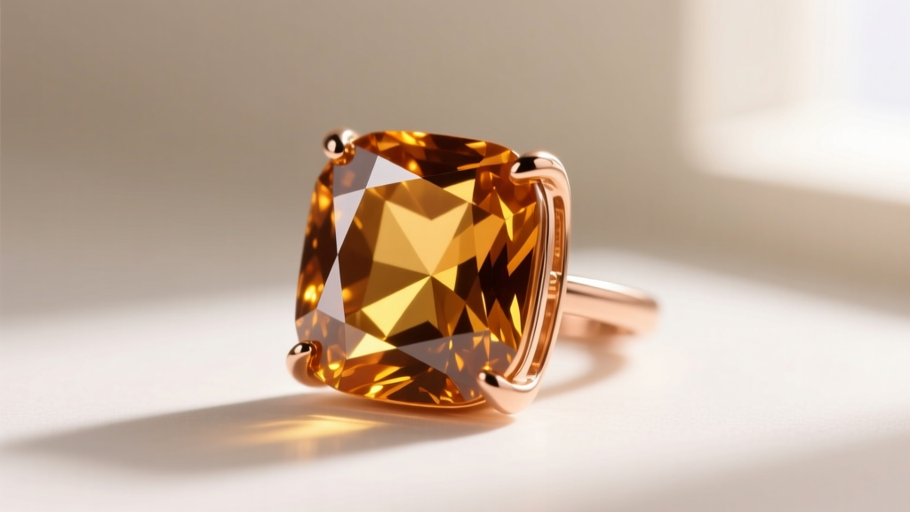 Macro photography of a cushion-cut cognac citrine stone showing warm amber inclusions, set in a rose gold bezel earring setting.
