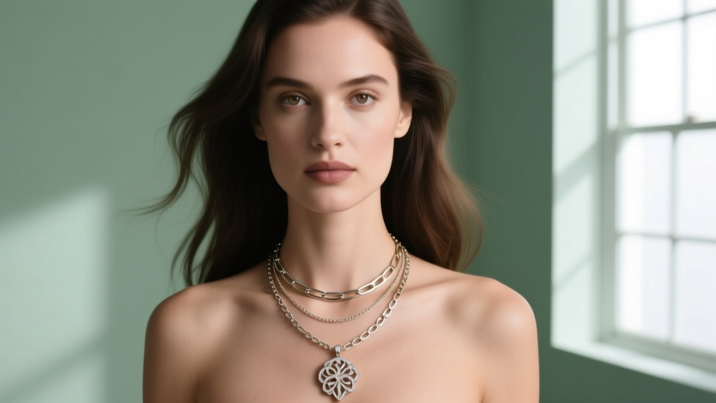 Woman wearing a layered stack with a 16-inch Theo Grace pendant and an 18-inch paperclip chain against a muted sage green backdrop.