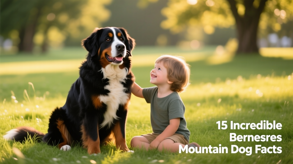 A calm, smiling Bernese Mountain Dog sitting beside a child on a grassy lawn