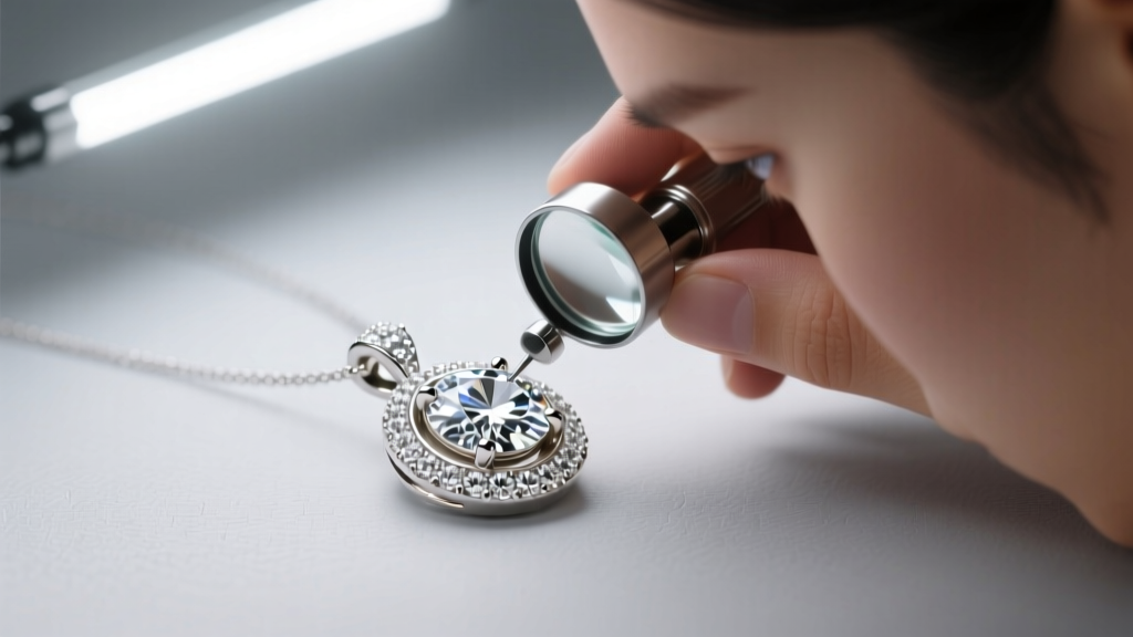 Jeweler using a 10x loupe to inspect the pavé diamond setting on a white gold character pendant, with bright overhead LED illumination.