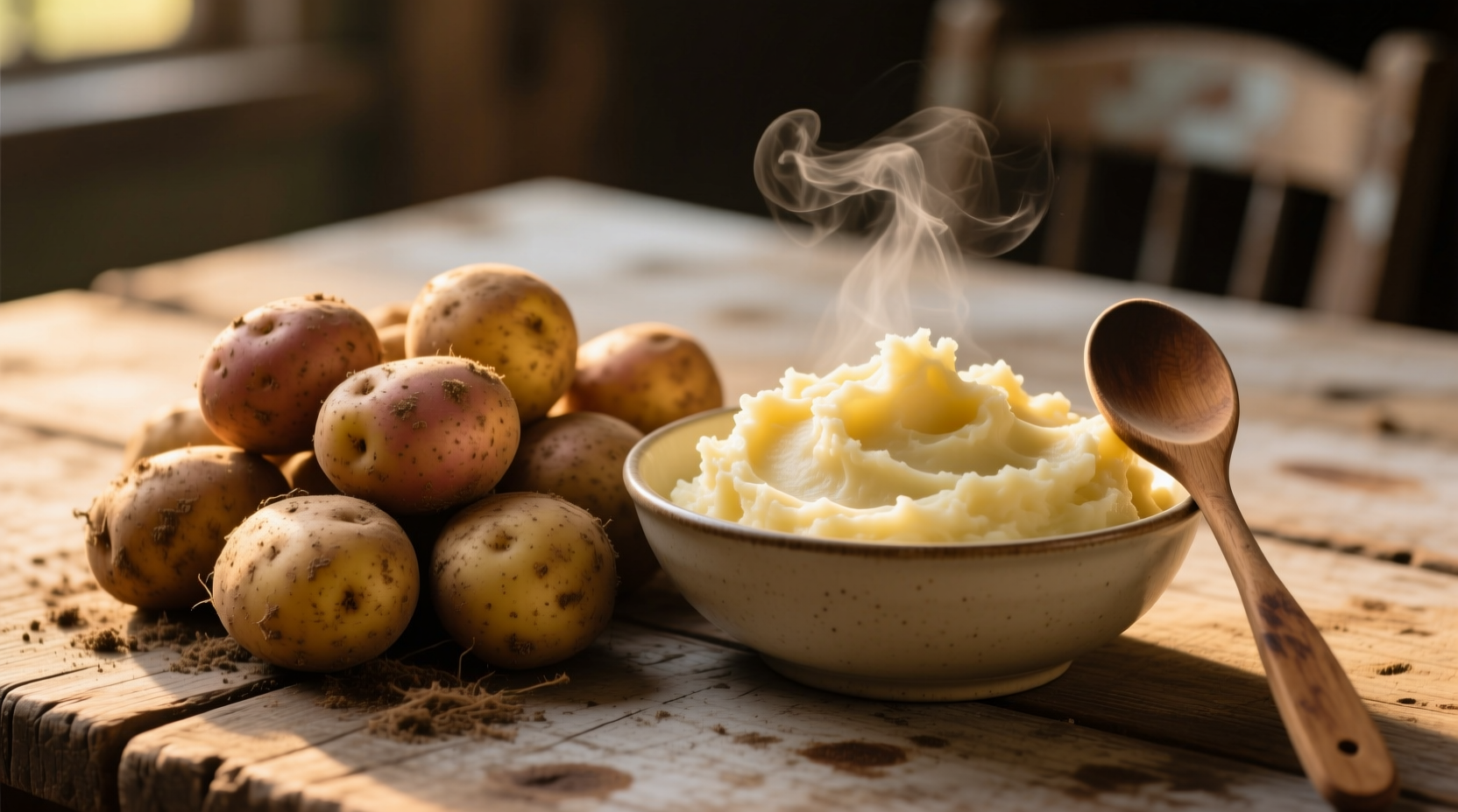 Russet potatoes next to finished mashed potatoes