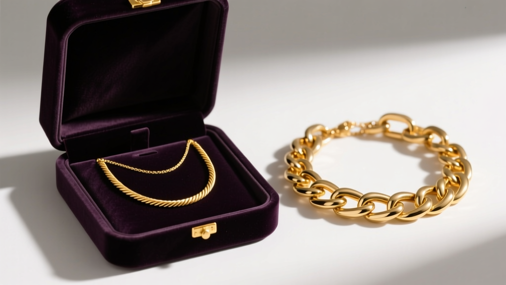 Elegant velvet jewelry box opened to reveal a layered 2mm delicate gold cable chain and a chunky 10mm gold Cuban link necklace.