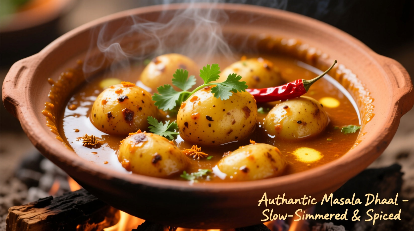 Golden potatoes simmering in aromatic masala gravy