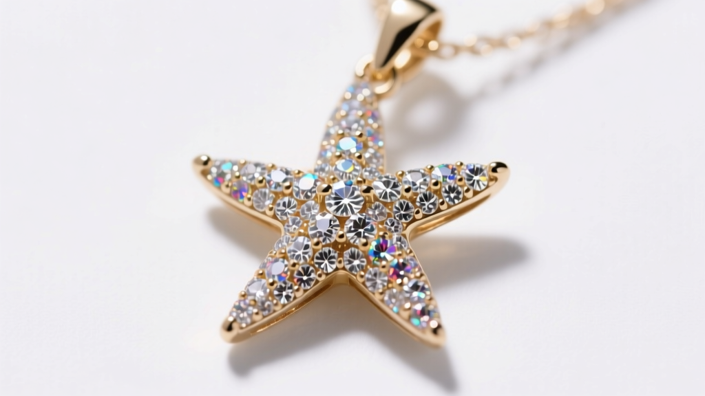 Macro shot of a starfish pendant arm showing pavé set melee diamonds, focusing on prong details under bright studio lighting.