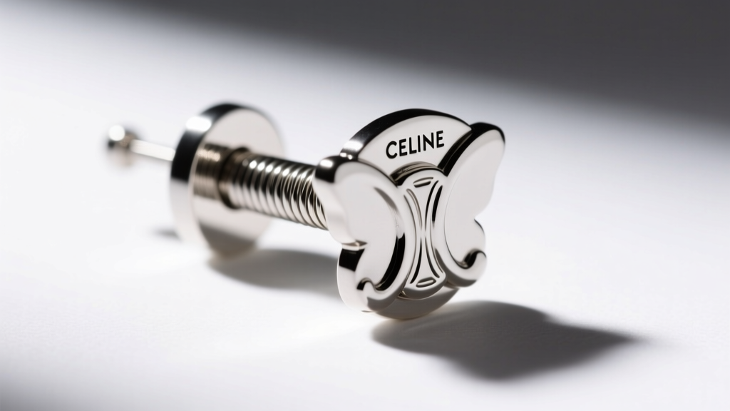 Close-up of 18-gauge earring post with branded Celine butterfly back, showing tension spring mechanism on white background.