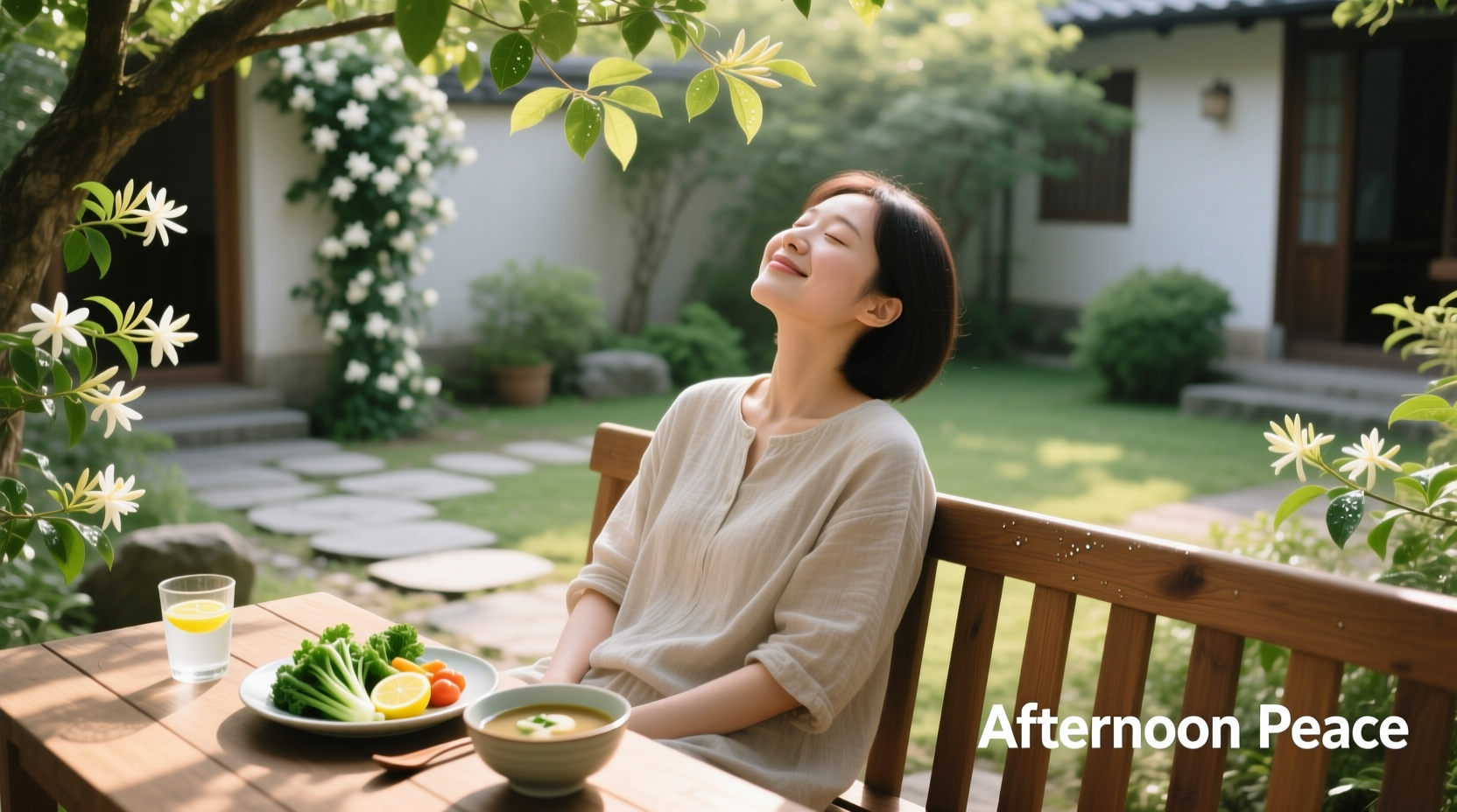 Person comfortably sitting after eating non-bloating foods