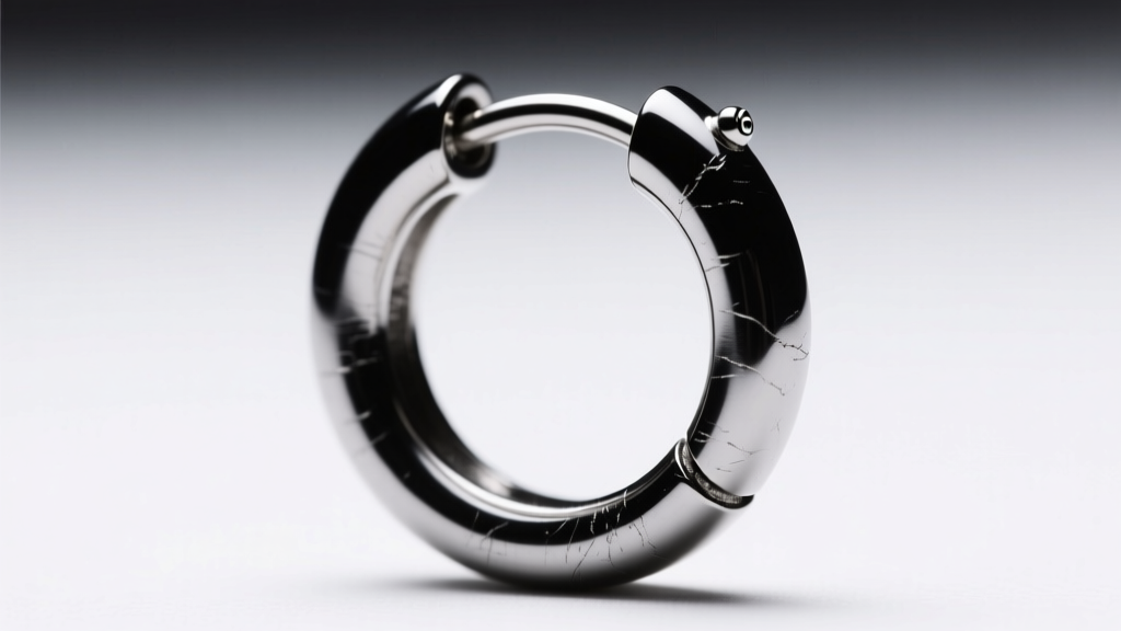Macro shot of a 16-gauge black rhodium cartilage hoop earring with a seamless clicker closure, showing the dark metallic texture.