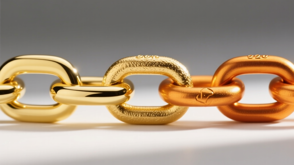 Macro photography comparing three gold chain links of varying colors: pale yellow 10k, rich warm 18k, and deep orange-yellow 22k